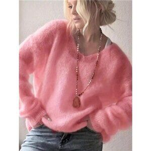 Fluffy Knit V-Neck Long Sleeve Sweater